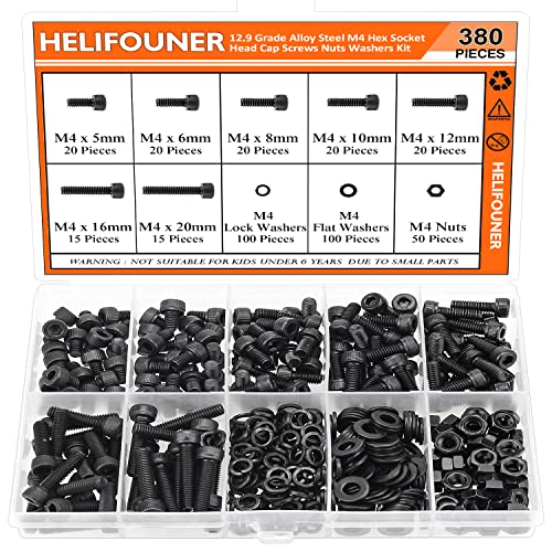 HELIFOUNER 380 Pieces M4 x 5mm /6mm /8mm /10mm /12mm /16mm /20mm, Hex Socket Head Cap Screws Bolts Washers Nuts Kit, 12.9 Grade Alloy Steel, Full Threaded, Black - size: M4, style: Socket Head