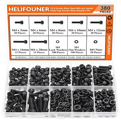 HELIFOUNER 380 Pieces M4 x 5mm /6mm /8mm /10mm /12mm /16mm /20mm, Hex Socket Head Cap Screws Bolts Washers Nuts Kit, 12.9 Grade Alloy Steel, Full Threaded, Black - size: M4, style: Socket Head