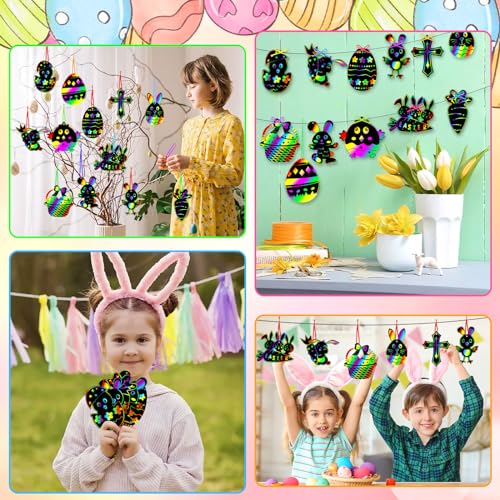 JULMELON 36Pack Easter Crafts for Kids, Bunny Rainbow Scratch Art Paper - style: Easter Crafts