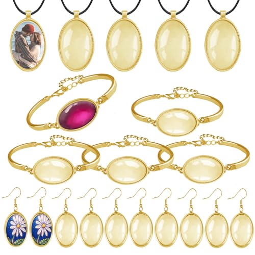J6QIHANG Pendant Trays Set with Glass Cabochon for Jewelry Making, Oval - color: 5-Oval 02