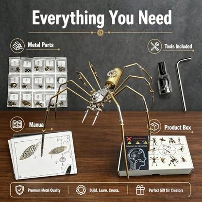Retro Steampunk Mechanical Insect Craft – 140+ Parts 2-3 Hours Build Time 96% Success Rate 3D Metal Spider Puzzle Unique for 14+ Teens Men Adults Desk Ornament (Frons Spider) - style: Frons Spider