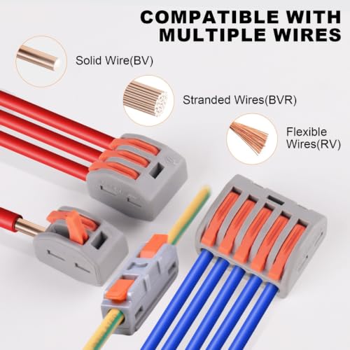 120PCS AVARBUVO Lever Wire Connectors, Quick Wire Connectors Push-in, 2/3/5 Port Combination Kit with 1 in 1 Out Inline Terminals for Splicing 28-12 AWG - size: 120PCS