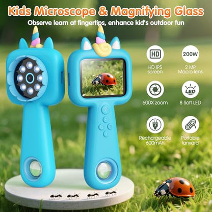 Kids Microscope, 2.4" Screen 600X Handheld Digital Microscope for Kids - color: blue