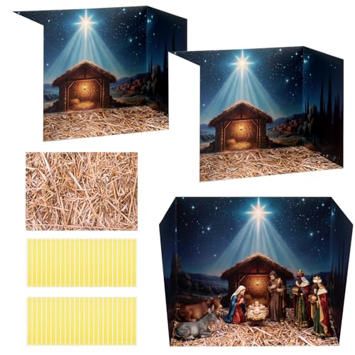 AmazingSpark 2 Set Nativity Sence Diorama Box and Hay Sticker Decor, Christmas Nativity Jesus Diorama Project Supplies Set, Cardboard Display Case Kit with Double Sided Tapes for DIY Craft Mini Figure - style: Nativity Sence