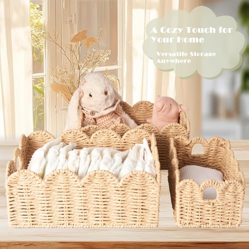 Scalloped Wicker Baskets Set of 3, Hand-Woven Storage with Handles - color: Beige