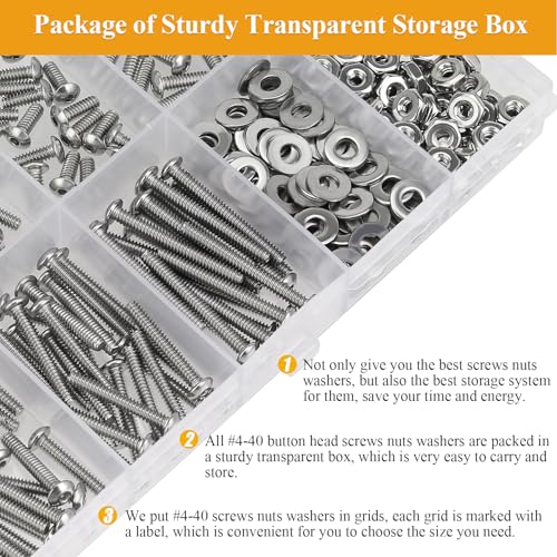 254 Pieces #4-40 x 3/16", 1/4", 5/16", 3/8", 1/2", 5/8", 3/4", 1", Button Head Socket Cap Screws Nuts Washers Assortment Kit - size: #4-40, style: Button Head Socket Cap