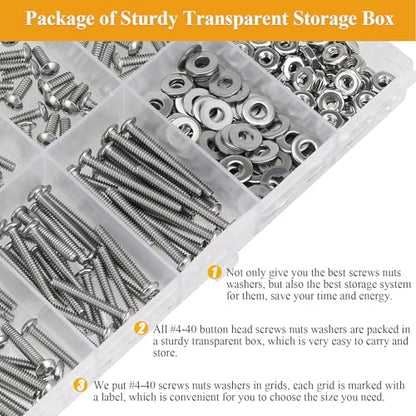254 Pieces #4-40 x 3/16", 1/4", 5/16", 3/8", 1/2", 5/8", 3/4", 1", Button Head Socket Cap Screws Nuts Washers Assortment Kit - size: #4-40, style: Button Head Socket Cap