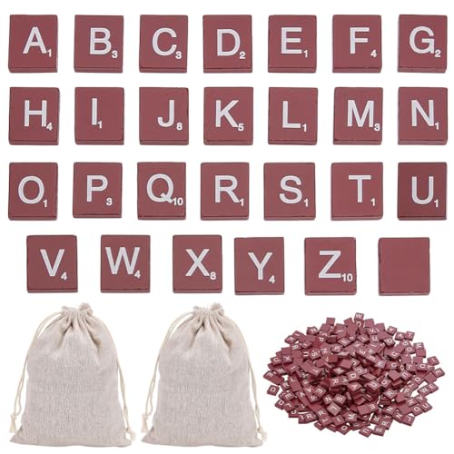 INFUNLY 400 Pcs Wooden Letter Tiles Red Scrabble Tiles with 2 Pouchs A-Z Capital Letters for Making Alphabet Coasters Letter Replacement Pieces for Spelling Scrapbooking Crossword Domino Crafts