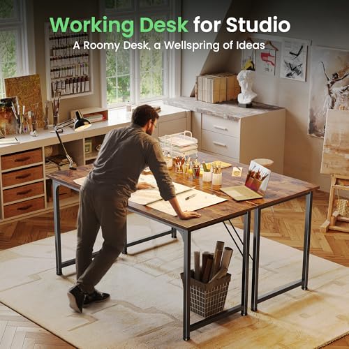 Huuger Computer Desk, 55 Inch Home Office Desk, Gaming Writing Work from Home Study Desk, Large Legroom, Sturdy Metal Frame, Modern Simple, Rustic Brown - color: Rustic Brown, size: 54inch
