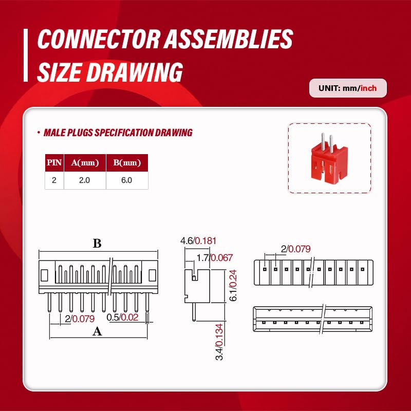 CQRobot JST Red PH 2.0 mm Pitch 2-Pin Electronic Computer Connector IC Male Plugs, Female Sockets Housing and T-Shaped Crimp Terminal Kit. 50 Sets/200 Pieces Wire-to-Board Adapter Cable Assembly. - size: 2P, style: Red
