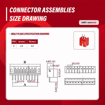 CQRobot JST Red PH 2.0 mm Pitch 2-Pin Electronic Computer Connector IC Male Plugs, Female Sockets Housing and T-Shaped Crimp Terminal Kit. 50 Sets/200 Pieces Wire-to-Board Adapter Cable Assembly. - size: 2P, style: Red