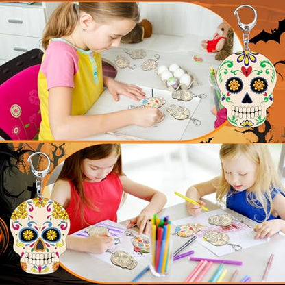 Trnayi 36 Pcs Day of The Dead Wood Keychain Color Your Own DIY Craft - style: Day of the Dead
