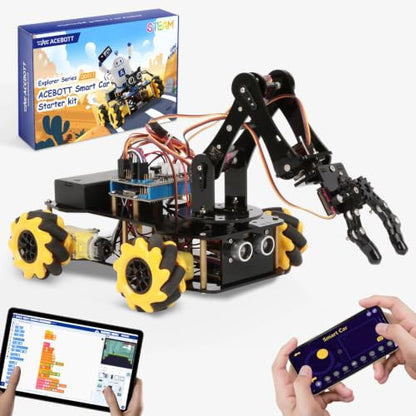 ACEBOTT 5DOF Robot Arm Car Kit, ESP32 Programmable Coding Robot with 4WD App & Remote Control, Arduino Python Blockly Compatible STEM Robotics Building Kit for Kids 12+ Teens and Adults