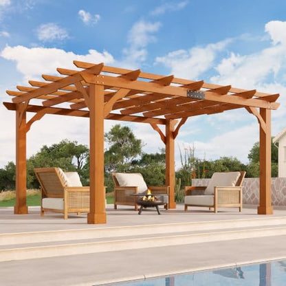 Jocisland 10x12 FT Premium Cedar Wood Pergola with Trellis Roof & Stakes - size: 10x12 FT