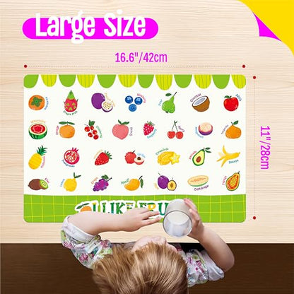 6 Pack Placemats for Kids, Non-Slip Washable Table Mats, Reusable Food Themed Dining Mats - Fruits, Vegetables, Snacks, Candies, Everyday Meal, Educational Placemats for Home, Classroom, Nursery - style: Food