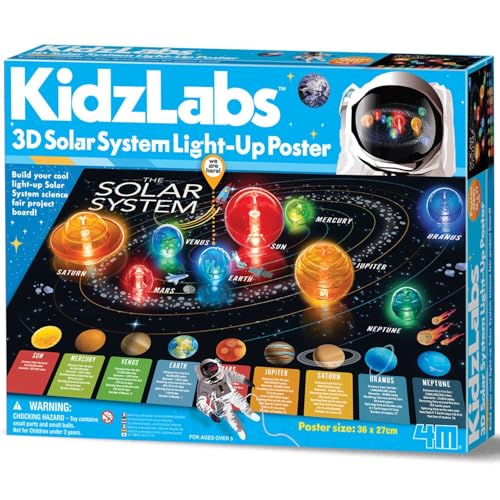 4M KidzLabs 3D Solar System Light-Up Poster for Kids Ages 5-12 – Glow in the Dark Space Science Fair Project Kit with Sun & 8 Planets, STEM Educational Toy, Battery Powered Illuminated Display Board