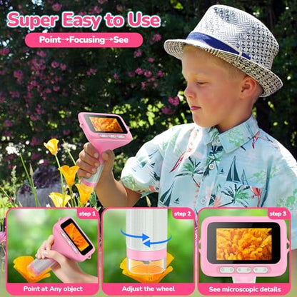 Kids Digital Microscope with 3-Inch Screen: STEM Toy Science Gift Ages 4-12 - color: Pink