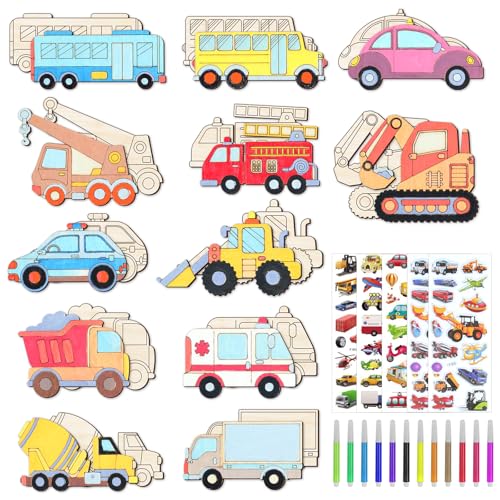 36Pcs Unfinished Wooden Craft,Mini Construction Vehicles Wood Cutouts Arts and Crafts DIY Transportation Painting Car for Kids Boys Girls Car Themed Birthday Party Favor Supplies Home Activities