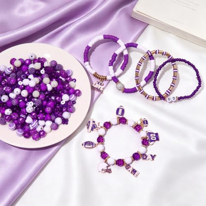 2200PCS+ Game Day Beads Charms for Bracelet Making Polymer Clay Beads Crystal Pearl Letter Gold Spacer Beads Football Charms for Game Day Bracelet Necklace Making DIY Crafts - color: Purple White