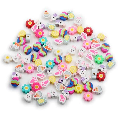 100 Pcs Colorful Easter Polymer Clay Beads Mixed Bunny & Egg Soft Heishi Spacer Beads Supplies for DIY Bracelet Earring Necklace Jewelry Making - color: Easter