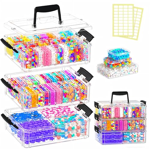 Bead Organizer Box 58 Pcs, 3-Tier Stackable Storage Box, and 3 Different Container Sizes Small Plastic Containers with Lids, Portability, Clear Organizers for Jewelry DIY Craft Storage - size: 3-Tier 8L+20M+30S