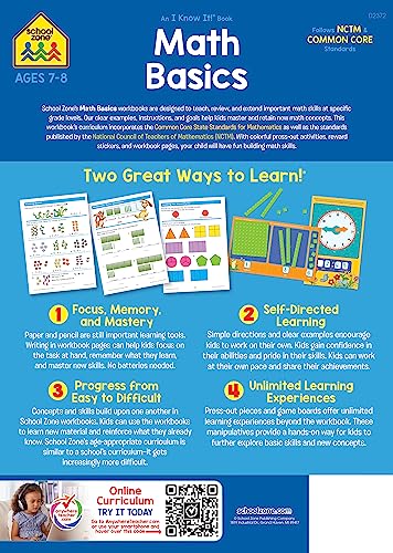 School Zone Math Basics Press-Out Workbook: 64 Pages, 2nd Grade, Manipulatives, Board Games, Place Value, Addition and Subtraction, Time and Money, Geometry, Stickers, Ages 7 to 8