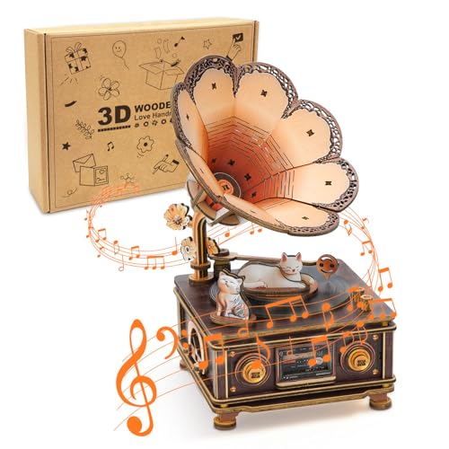 3D Wooden Puzzle Music Box for Adults-Cats Phonograph Music Box - color: Cats Phonograph Puzzle