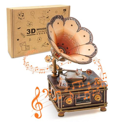 3D Wooden Puzzle Music Box for Adults-Cats Phonograph Music Box - color: Cats Phonograph Puzzle