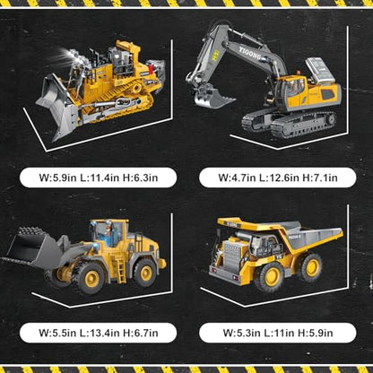 Remote Control Excavator (11-Channel), Dump Truck, Bulldozer, Loader (9-Channel), 2.4GHz Remote Control Construction Vehicles, Made of ABS, with Cool Lights and Sound Effects, 4-Pcs - color: Excavator Four-piece Set
