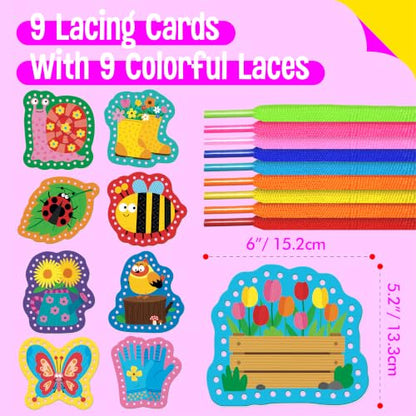 Kids Lacing Cards, 9 PCS Double-sided Garden-themed S Cards with 9 Laces - color: Garden-Themed