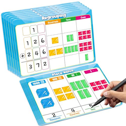 12 Pack Place Value Dry Erase Flash Cards Chart, 9" x 12" Base Ten Addition and Subtraction Math Manipulatives 1st 2nd 3rd Grade Classroom Must Haves Teacher Homeschool Supplies Essential - color: Blue