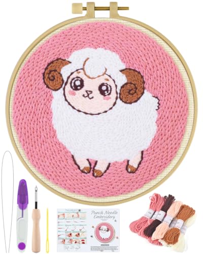 ERKOON Punch Needle Kit Beginners Adults, Zodiac Easy Embroidery Set for Starter Art Craft, Needling Punching Project with Patterns, Tools, Yarns, Hoop, Instruction (Aries) - color: Aries