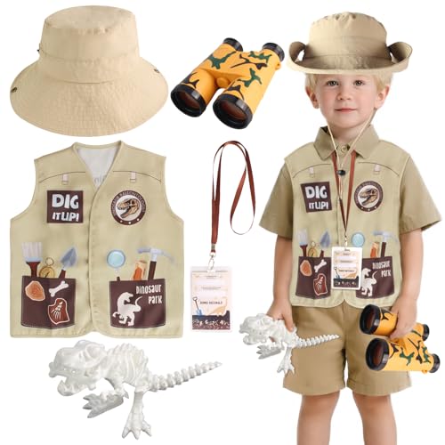 Kyson Kids Dinosaur Paleontologist Costume Explorer Hat Vest Zoo Keeper Outfit Accessories for Dino Jungle Safari Theme Party - color: Khaki