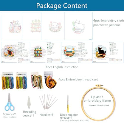 Zhenqing 4-Piece Book Lover Embroidery Kit for Beginners, Cat Coffee Books Needlework Set with Pre-Printed Fabric, Hoop, Threads & Tools (C0226) - color: Book Lover Embroidery Collection