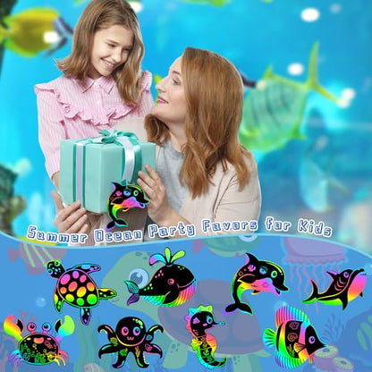 JULMELON 36 Pcs Ocean Crafts for Kids, Rainbow Scratch Art Party Favors - style: Ocean Crafts