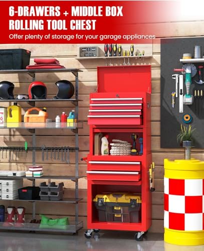 Goplus 6 Drawers Tool Chest, Rolling Metal Tool Box with Universal Wheels, Protective Liner, Detachable Top Toolbox, Auto Lock, 3-in-1 Large Tool Cabinet for Garage Shop Auto Repair - color: Red, style: Large 6 Drawers