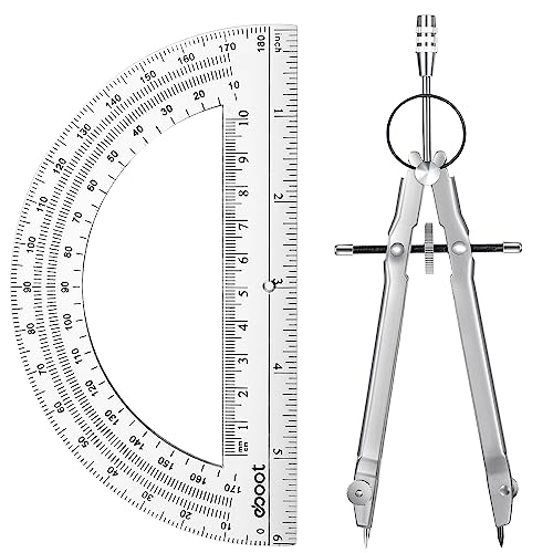 EBOOT Math Geometry Set Metal Compass 6" Clear Protractor, Silver - color: Silver