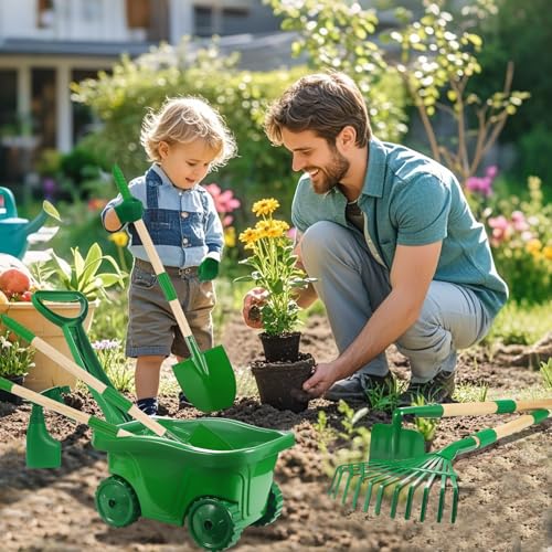 Duckura Kids Gardening Tools Set, Wheelbarrow Sets Outdoor Yard Toy Ages 3+ - color: Green-11pcs