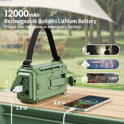 12000mAh Emergency Weather Radio with AM/FM/NOAA/SW, SOS Battery Operated - color: Army Green