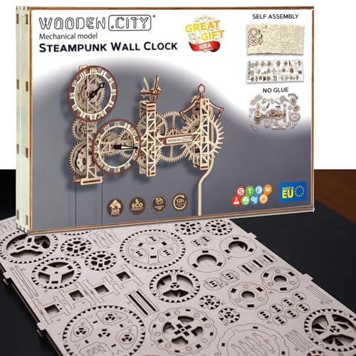 WOODEN.CITY Steampunk Wall Clock Kit – 3D Wooden Puzzle for Adults, Mechanical DIY Clock Model with Pendulum, No Glue Required, Made in EU - color: Steampunk Wall Clock