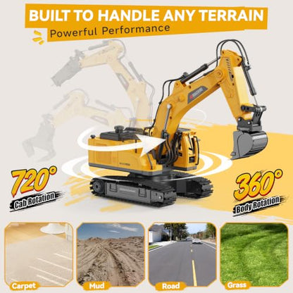 Remote Control Excavator Toy for Boys, 3-in-1 RC Excavator with Alloy Bucket, Breaker & Grapple, Construction Vehicle Toys with Lights & Sounds, 2×1200mAh Batteries, Birthday Gift for Kids 8-12 - size: 1:18 Scale