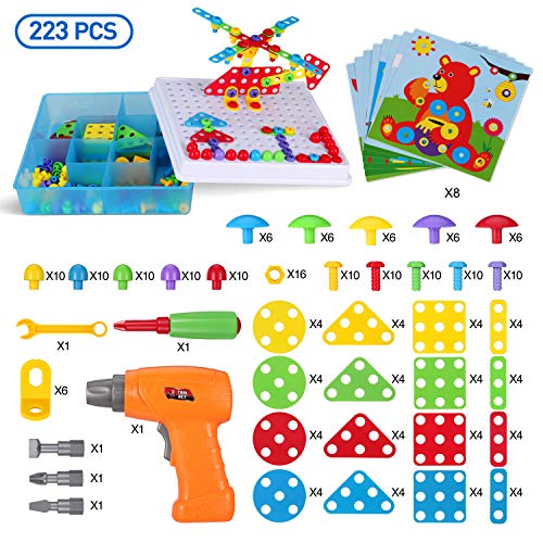 Montessori STEM Building Toys 223PCS Drill & Tool Kit 2D 3D Blocks for Kids
