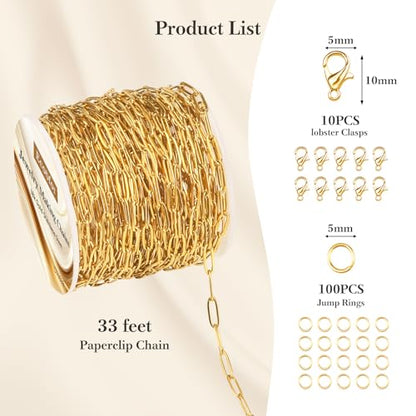 33 Ft 18k Gold Stainless Steel Paperclip Chains Roll - 3mm Width, Gold Plated Chain with Jump Rings & Lobster Clasps - color: Gold 18k 33 Feet 1 Roll 3mm