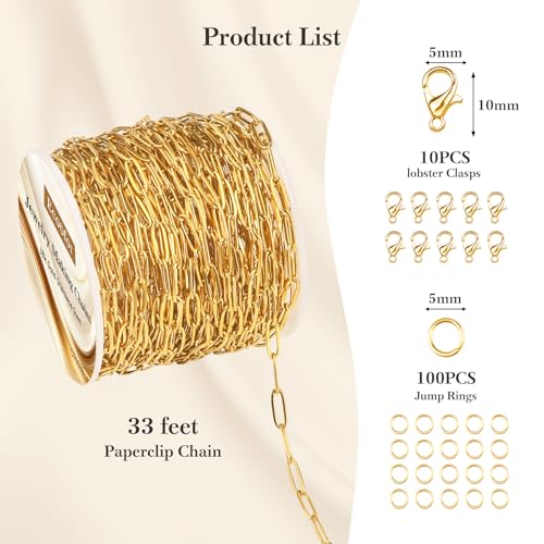 33 Ft 18k Gold Stainless Steel Paperclip Chains Roll - 3mm Width, Gold Plated Chain with Jump Rings & Lobster Clasps - color: Gold 18k 33 Feet 1 Roll 3mm