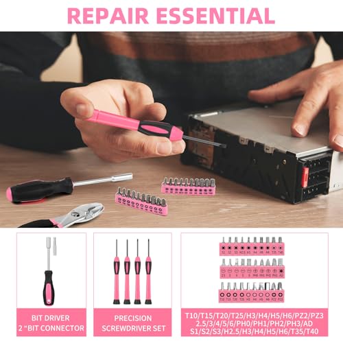 144-Piece Household Tool Set, Pink Tool Kit with Plastic Toolbox - color: Pink, size: 144-Piece