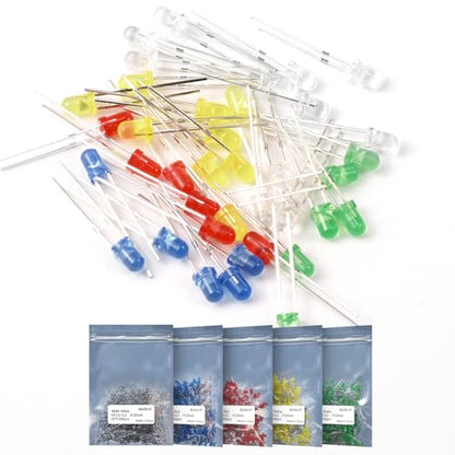 LED Kit 1000 pcs 3MM LED 5 Color x 200pcs,White,red,Yellow, Green,Blue led diode, 2-pin Circular for Christmas Light Replacement and Scientific Projects - size: 3mm Round Top