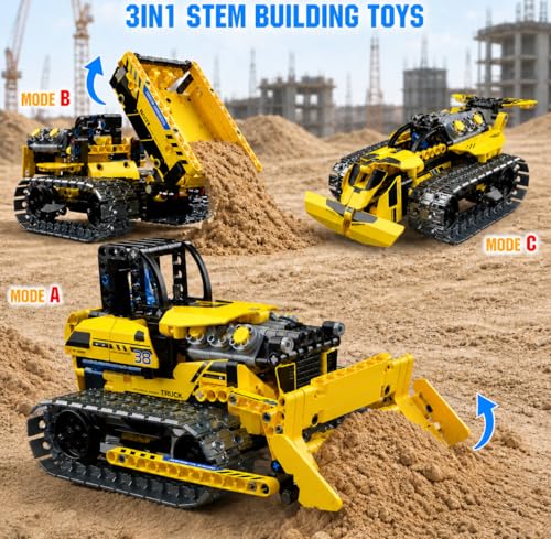 zinat 3 in 1 RC Bulldozer Building Set, STEM Construction Vehicle Kit with App & Remote Control, Tracked Engineering Toy Gift for Kids Boys Girls Ages 6+ - 452Pcs