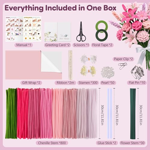 EARLY MINDS 800Pcs Pipe Cleaner Flower Kit with Tutorial, 8 Colors - color: pink