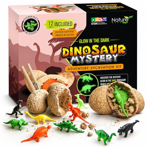 Nature Gear Dino Dig Kit for Kids, Dinosaur Eggs Digging Kit, Educational Egg Excavation Kit with 12 Glow in The Dark Mystery Dinosaurs, Interactive Archaeology Fossil Toy for Kids Age 3-5 and Up - style: Dinosaur Eggs Kit