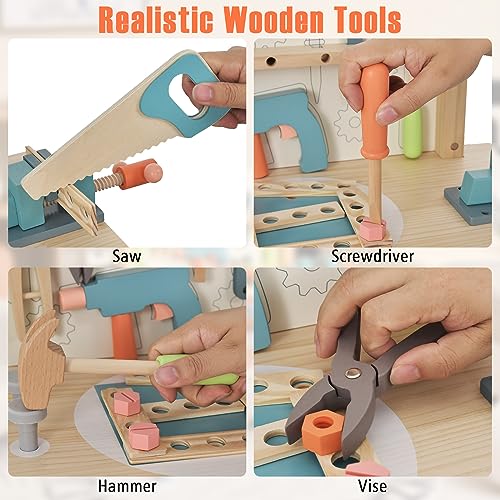 Costzon Kids Tool Bench, Wooden Pretend Workbench w/ 63 Toy Tools and Accessories, Realistic Role Play Construction Building Tool Set, Indoor Outdoor Power Tool Workshop for Boys Girls 3+ - color: Natural & Blue